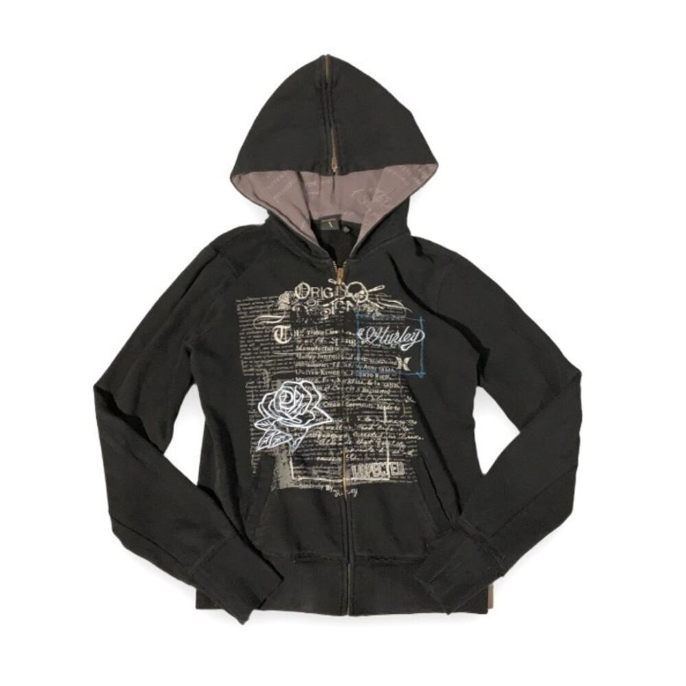 Rare Hurley Y2K Black Rose Graphic Zip Up Hoodie Women’s Medium